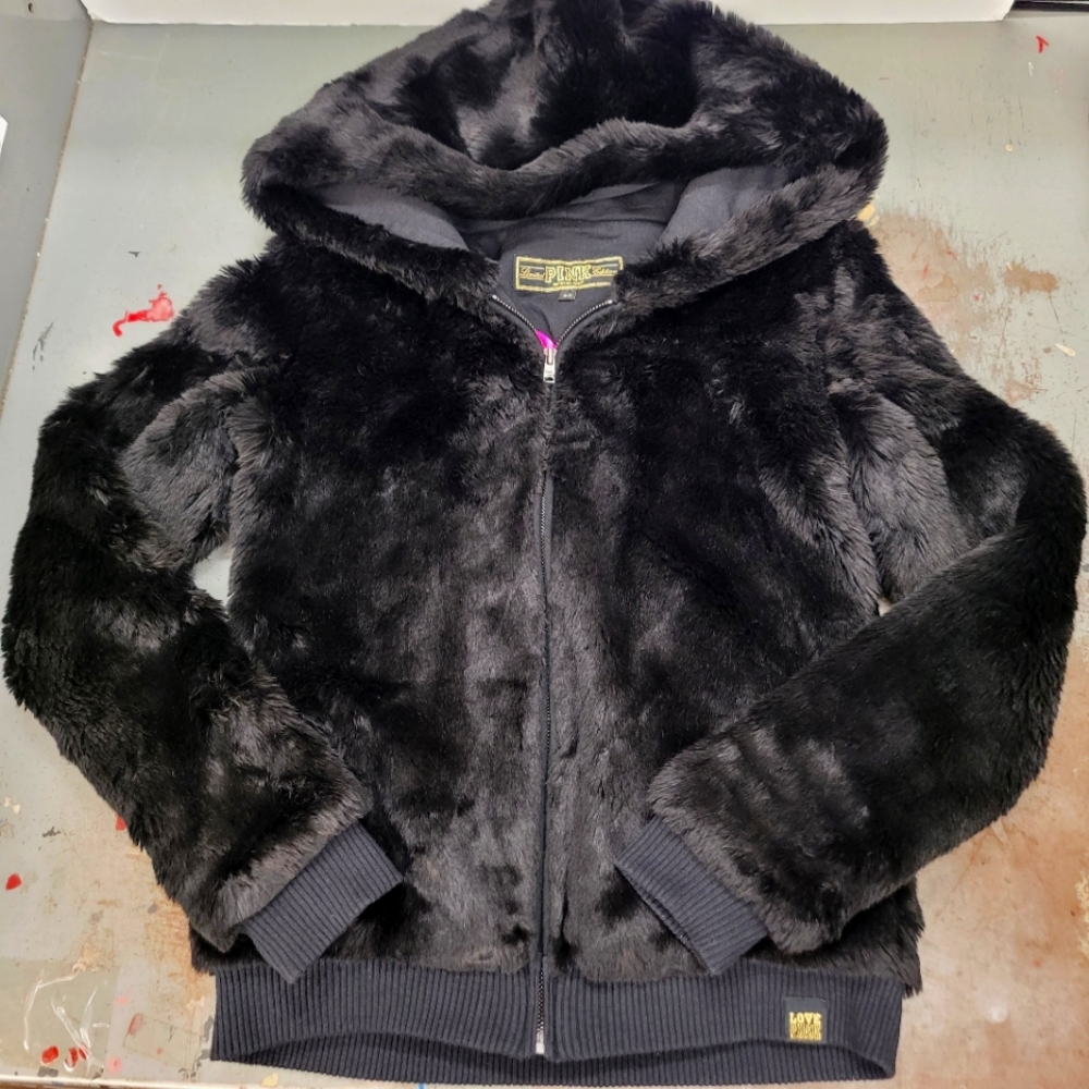 VICTORIA'S SECRET PINK FAUX FUR ZIP HOODIE LIMITED FASHION SHOW  SMALL JACKET